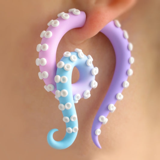 Pastel Goth Fake Gauges, Kawaii Octopus Tentacle Earrings