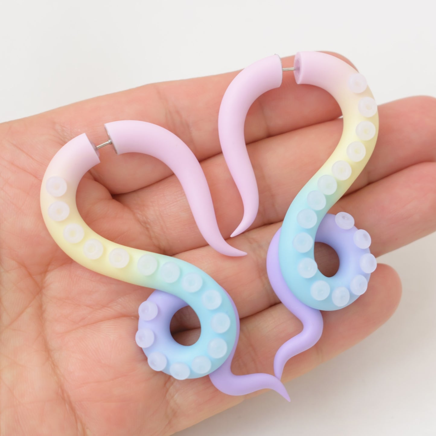 Pastel Rainbow Tentacle Earrings, Kawaii Fake Plugs, Handmade Polymer Clay Jewelry - Ready to Ship