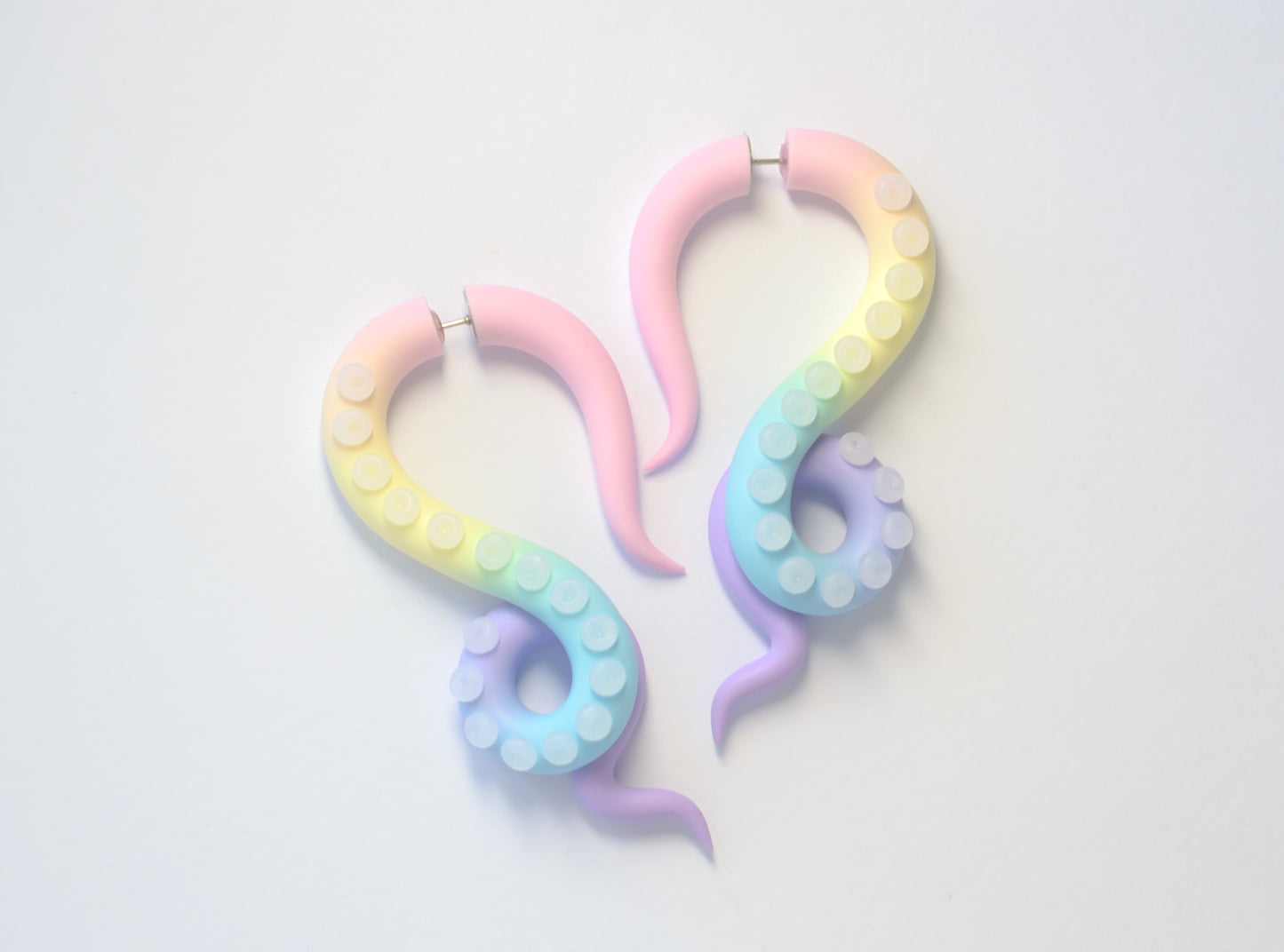 Pastel Rainbow Tentacle Earrings, Kawaii Fake Plugs, Handmade Polymer Clay Jewelry - Ready to Ship