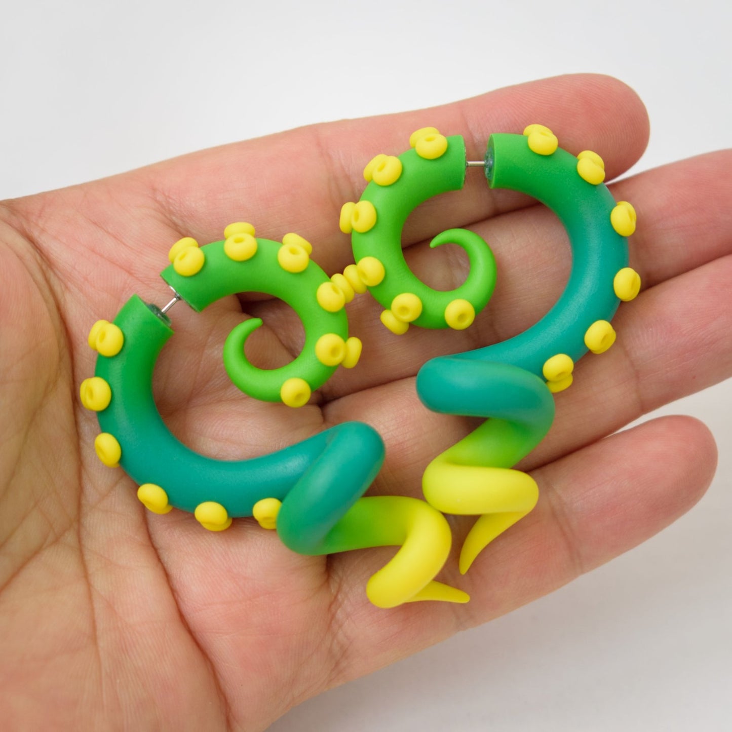 Kraken Tentacle Earrings, Handmade Octopus Jewelry, Green & Yellow Fake Gauges - Ready to Ship