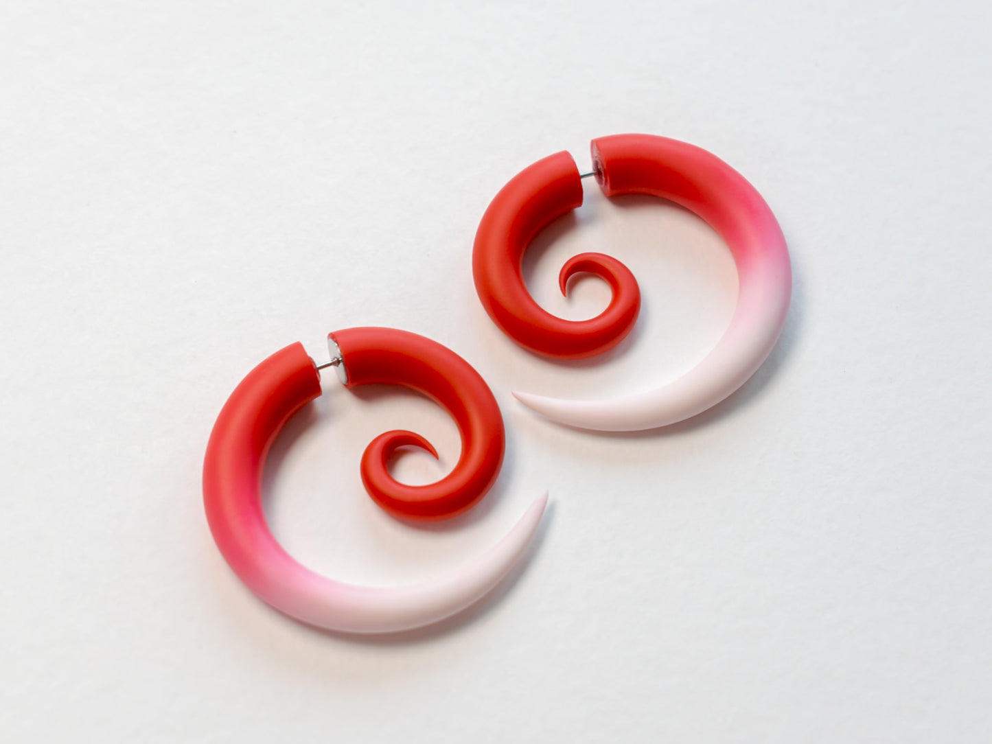 Red White Spiral Earrings, Handmade Fake Gauges - Ready to ship