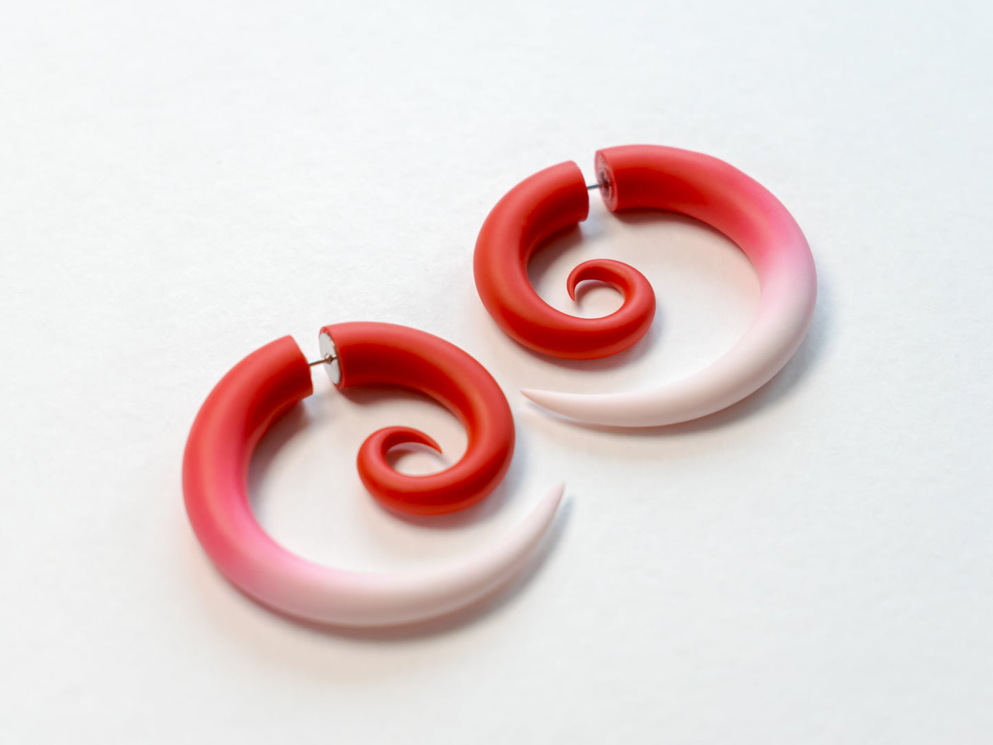 Red White Spiral Earrings, Handmade Fake Gauges - Ready to ship