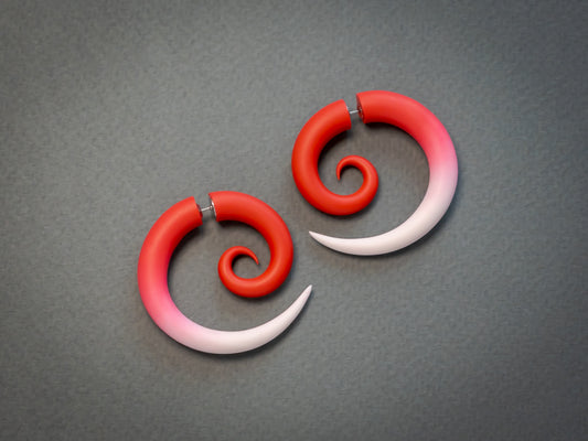 Red White Spiral Earrings, Handmade Fake Gauges - Ready to ship