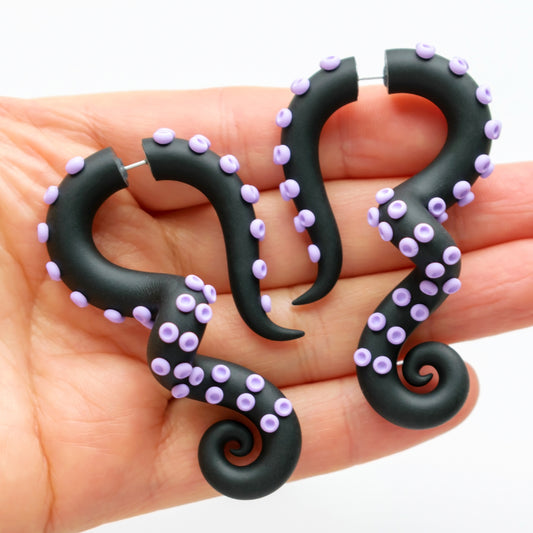 Black Tentacle Earrings, Pastel Goth Jewelry, Octopus Fake Gauges