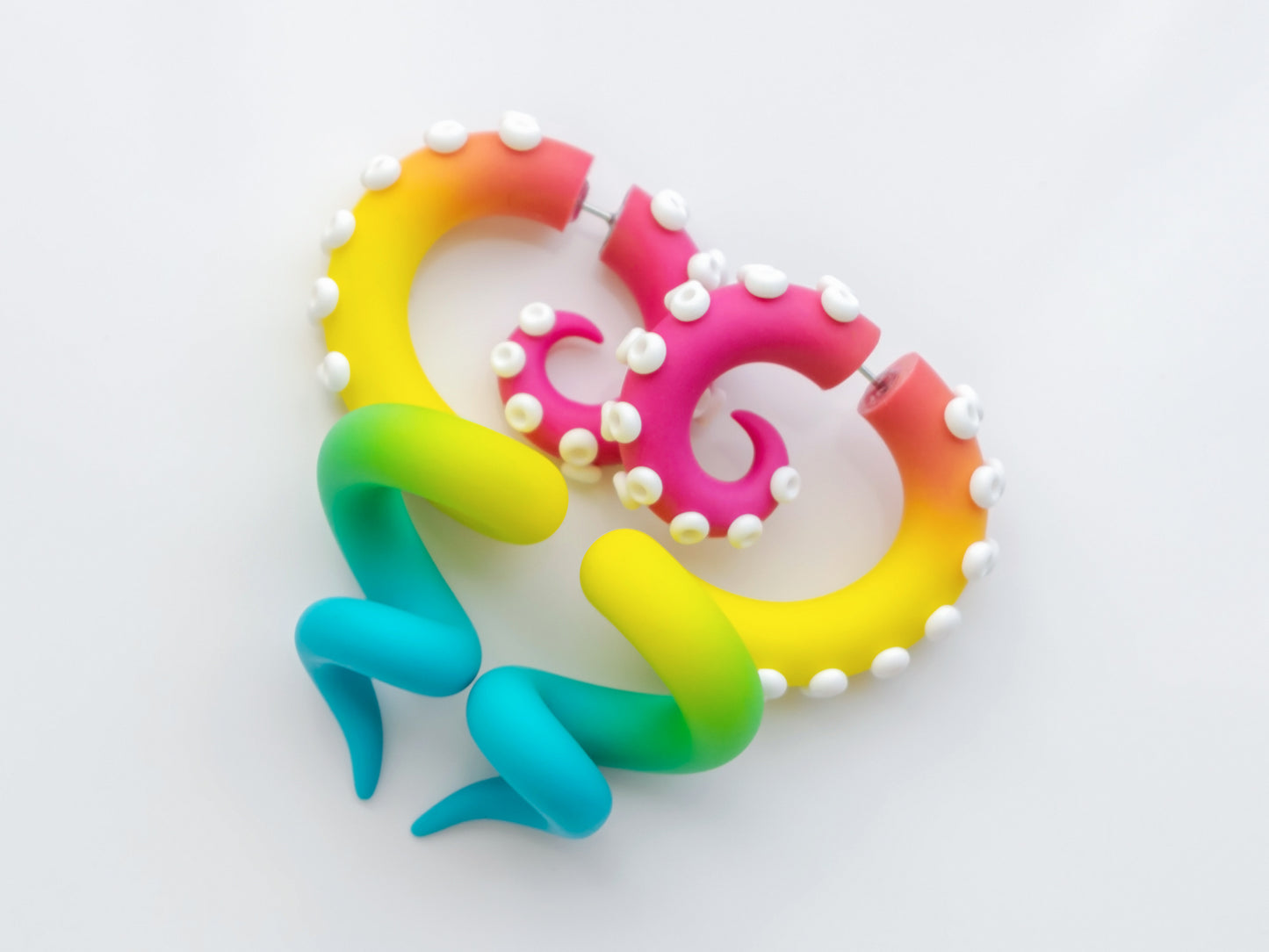 Rainbow Tentacle Earrings, Kawaii Fake Gauges, Colorful Octopus Earrings