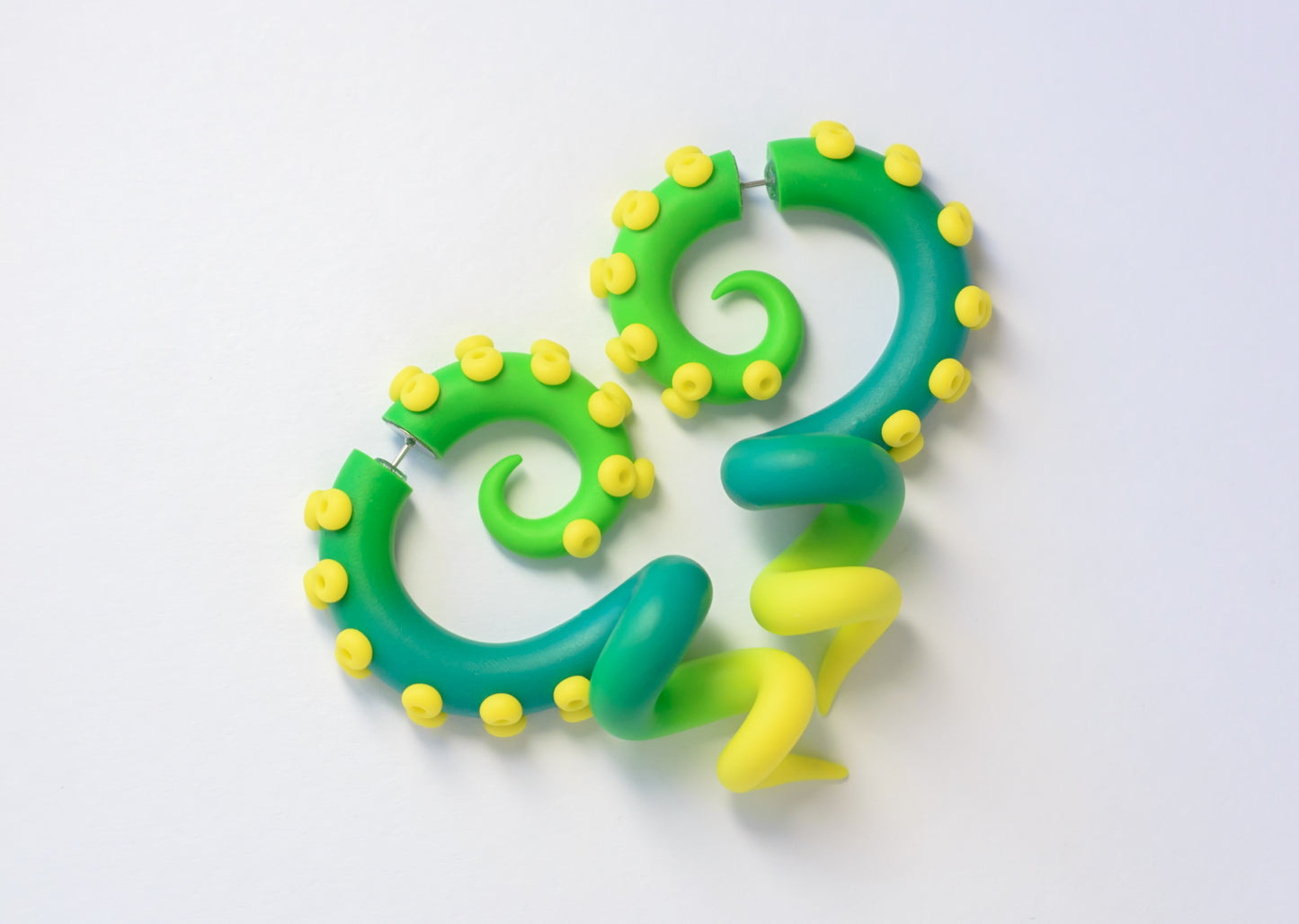 Kraken Tentacle Earrings, Handmade Octopus Jewelry, Green & Yellow Fake Gauges - Ready to Ship