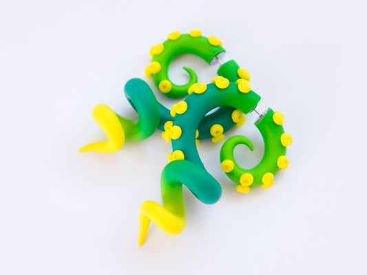 Kraken Tentacle Earrings, Handmade Octopus Jewelry, Green & Yellow Fake Gauges - Ready to Ship