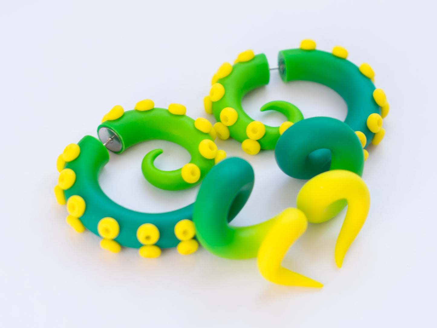 Kraken Tentacle Earrings, Handmade Octopus Jewelry, Green & Yellow Fake Gauges - Ready to Ship