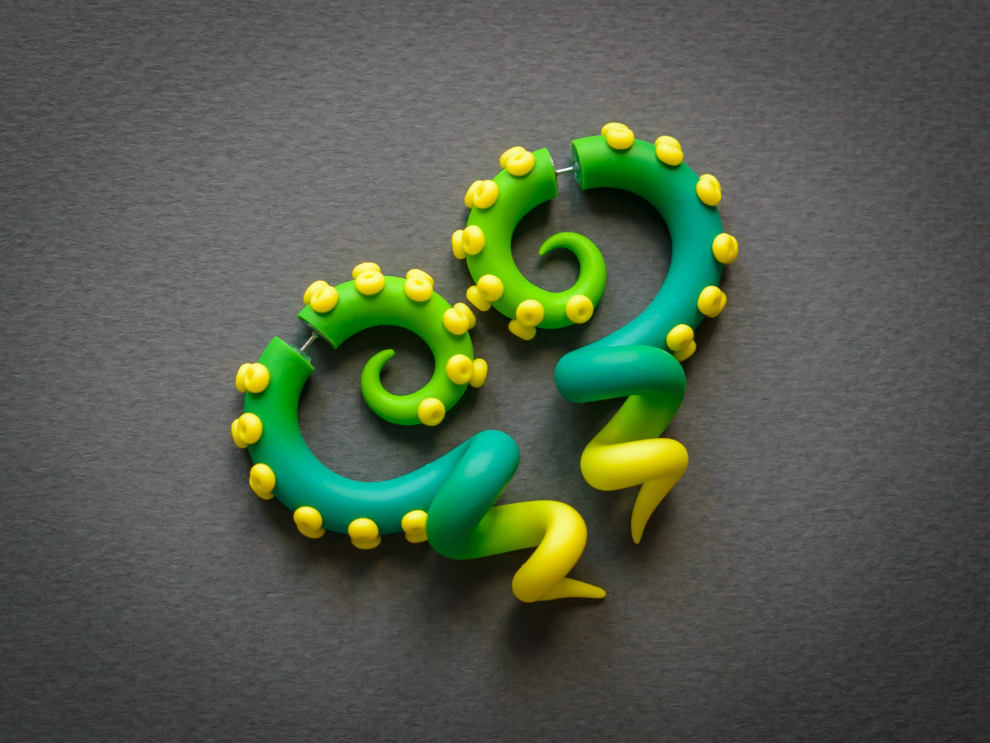 Kraken Tentacle Earrings, Handmade Octopus Jewelry, Green & Yellow Fake Gauges - Ready to Ship