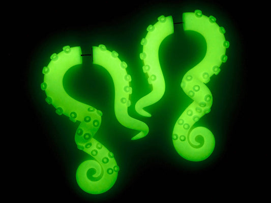 Glow in the Dark Octopus Tentacle Earrings, Glowing Fake Gauges