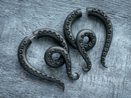 Kraken Tentacle Earrings, Black Fake Gauges, Handcrafted Alien Jewelry