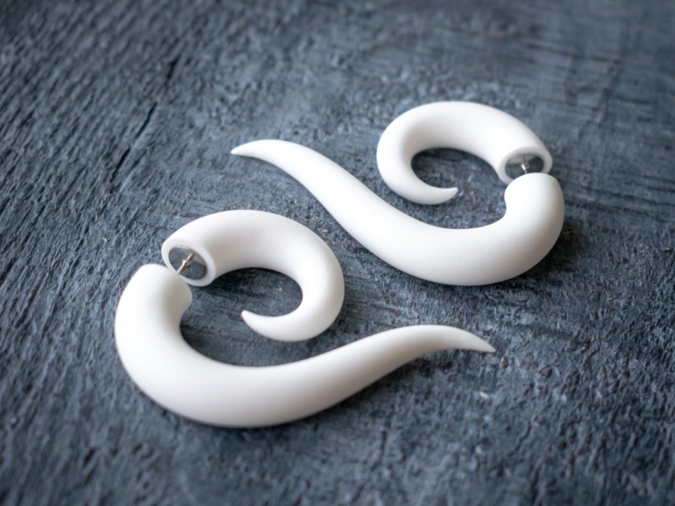 White Spiral Earrings, Mori Kei Jewelry, Fake Gauge Earrings