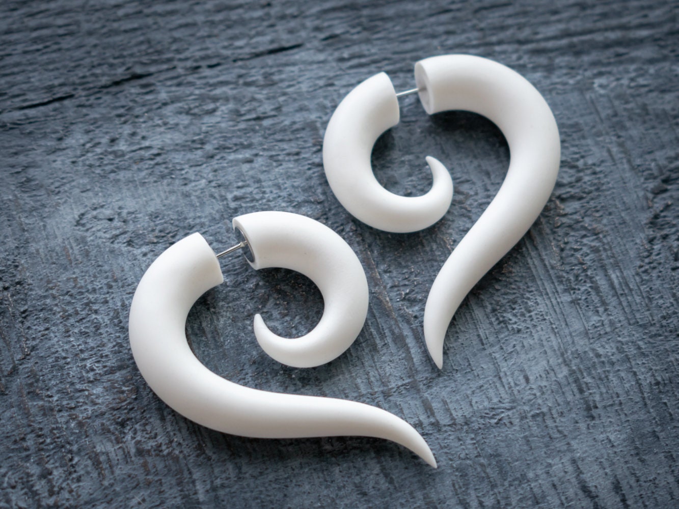 White Spiral Earrings, Mori Kei Jewelry, Fake Gauge Earrings