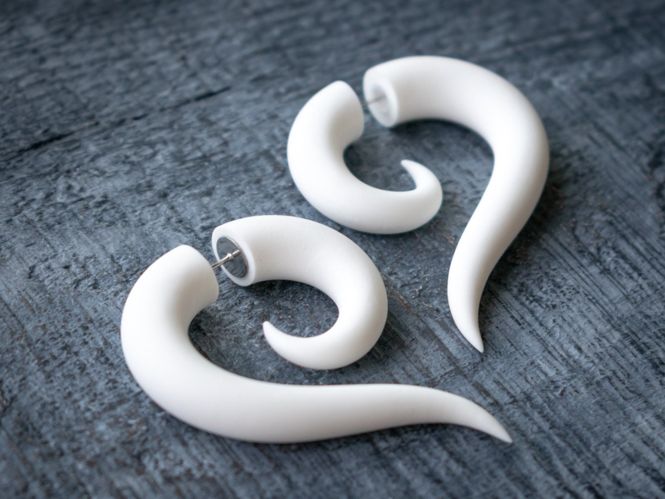 White Spiral Earrings, Mori Kei Jewelry, Fake Gauge Earrings