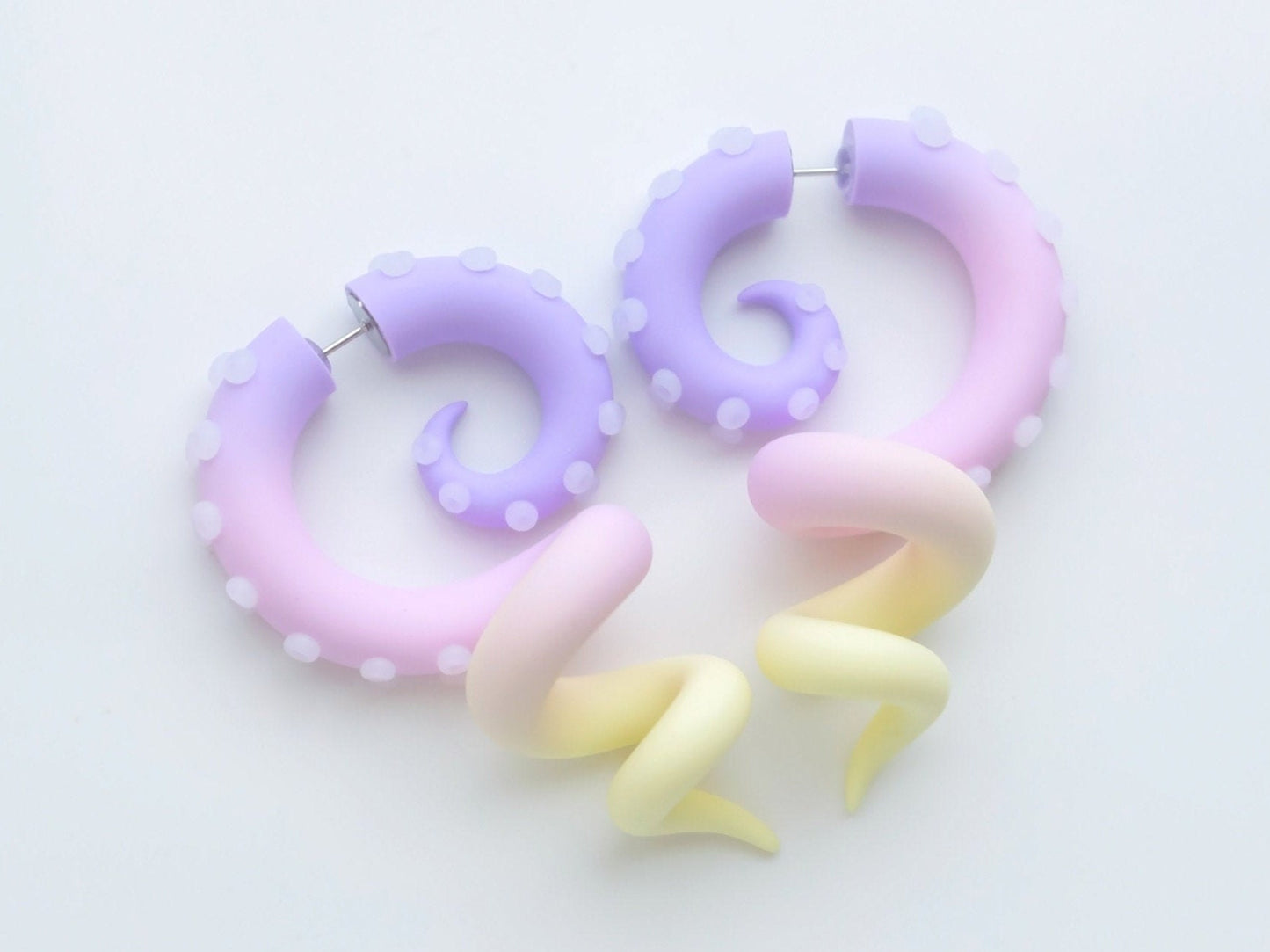 Fairy Kei Handmade Earrings, Pastel Kawaii Octopus Jewelry, Polymer Clay Fake Gauges