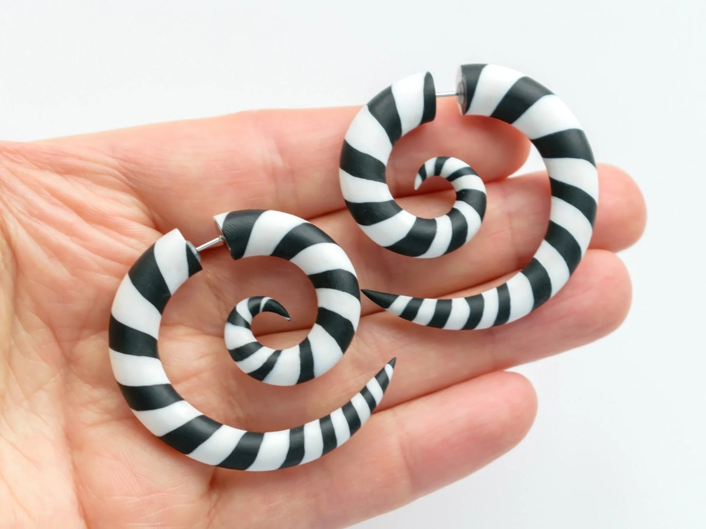 White Black Fake Gauge Earrings, Halloween Spiral Earrings, Cosplay Costume Accessories