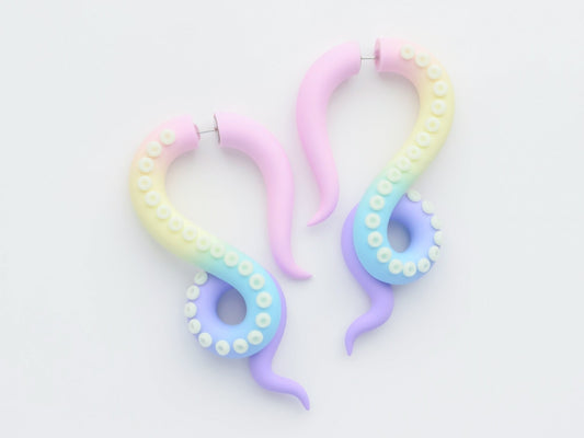 Rainbow Earrings, Pastel Kawaii Tentacle Earrings with Glow in the Dark suction cups