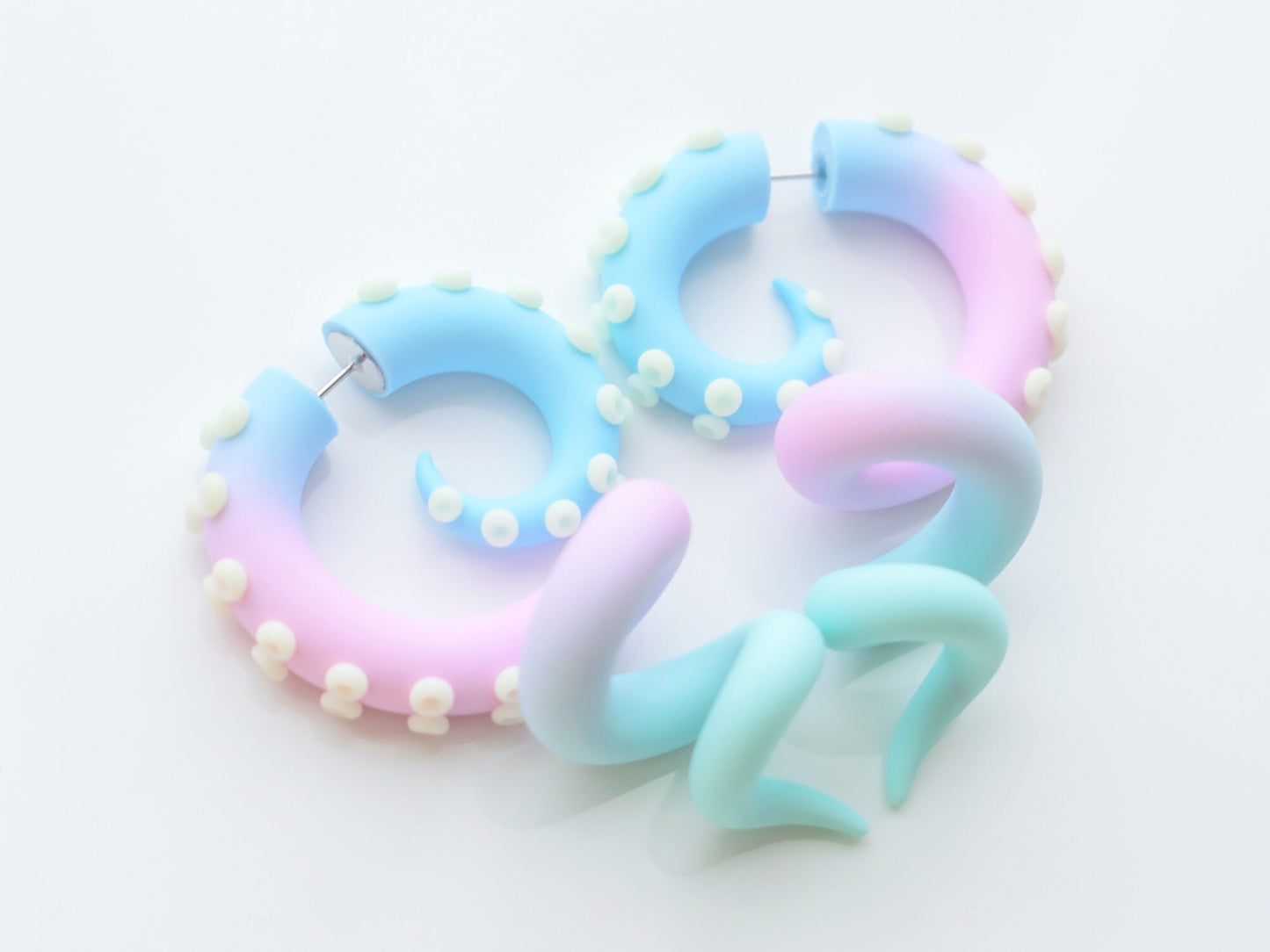 Pastel Kawaii Fake Gauges, Tentacle Earrings with Glow in the Dark suction cups