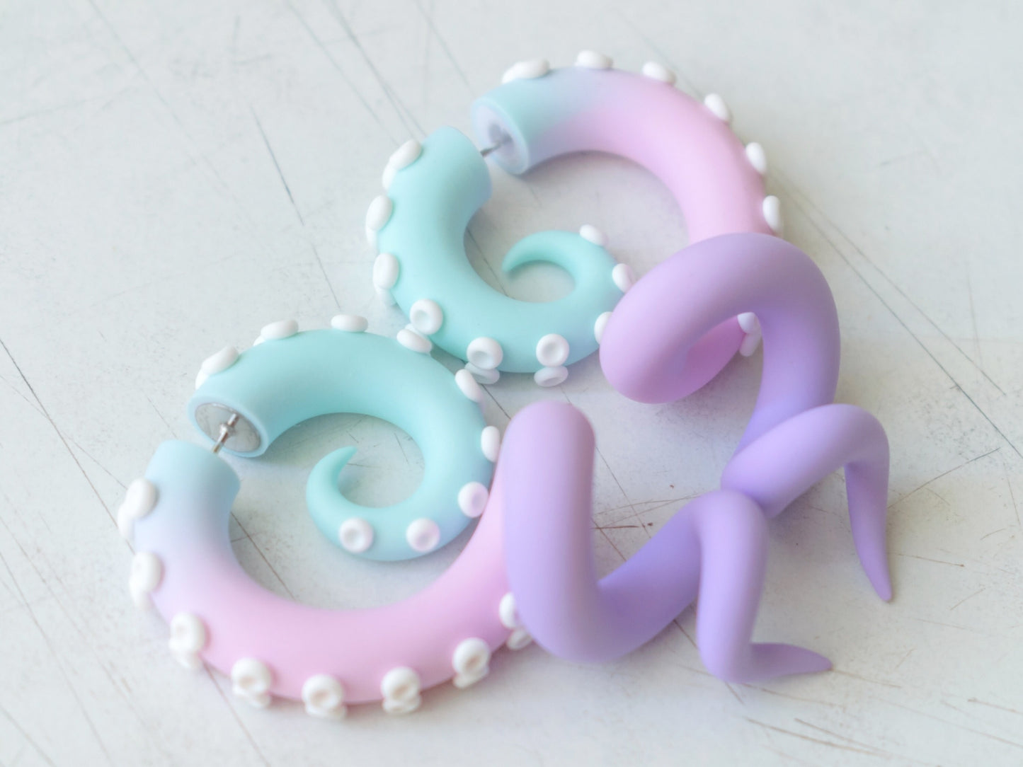 Pastel Kawaii Accessories, Octopus Tentacle Earrings, Anime Fake Gauges