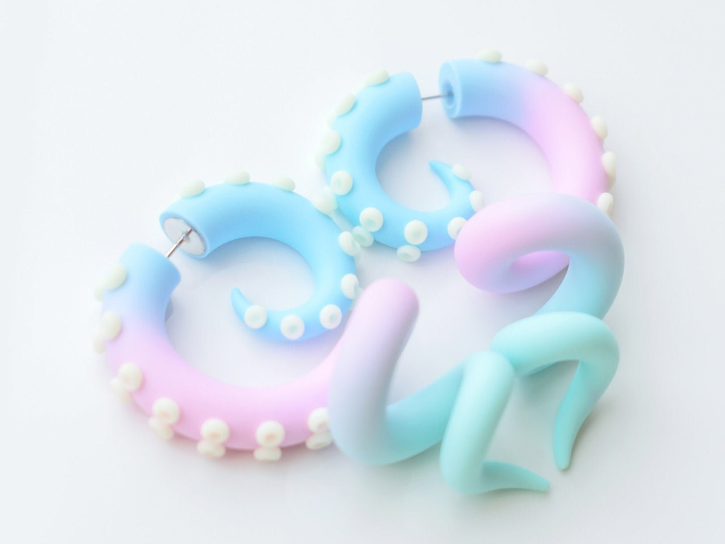 Pastel Kawaii Fake Gauges, Tentacle Earrings with Glow in the Dark suction cups