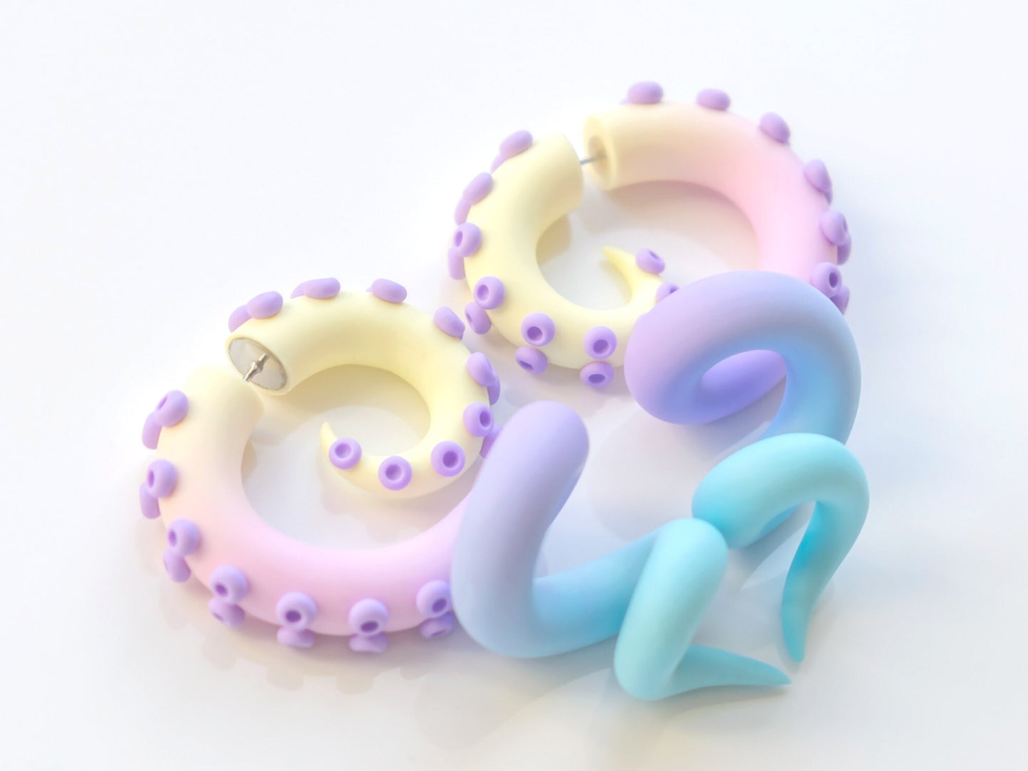 Pastel Kawaii Tentacle Earrings, Cute Octopus Polymer Clay Jewelry, Fairy Kei Fake Gauges