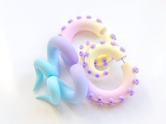 Pastel Kawaii Tentacle Earrings, Cute Octopus Polymer Clay Jewelry, Fairy Kei Fake Gauges