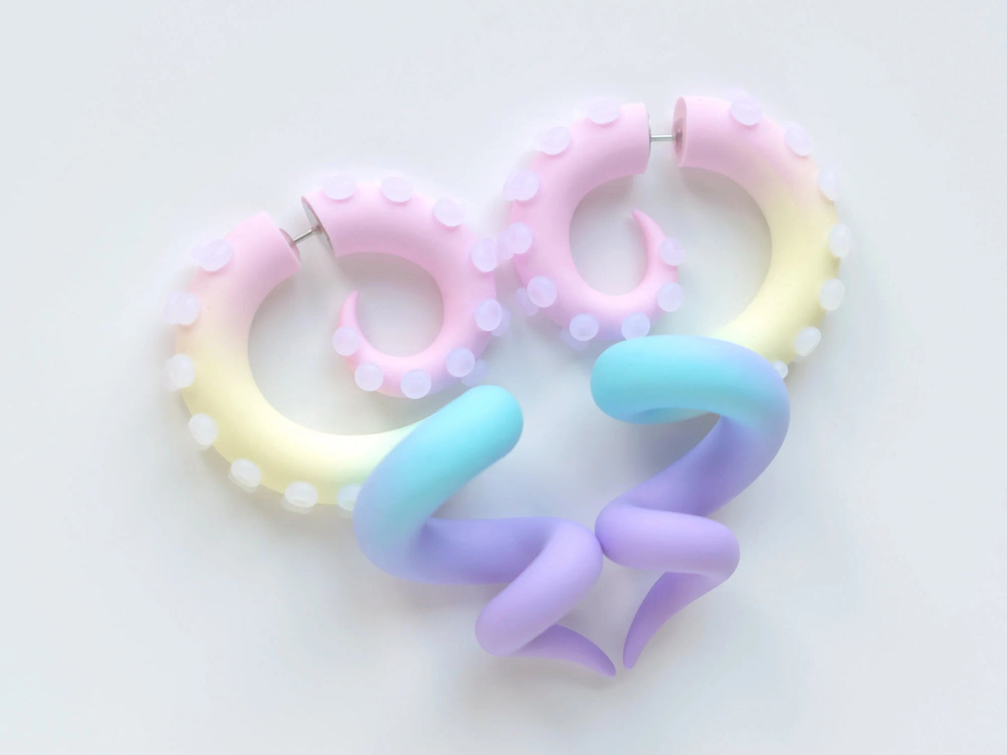 Fairy Kei Tentacle Earrings, Pastel Kawaii Accessories, Rainbow Fake Gauges