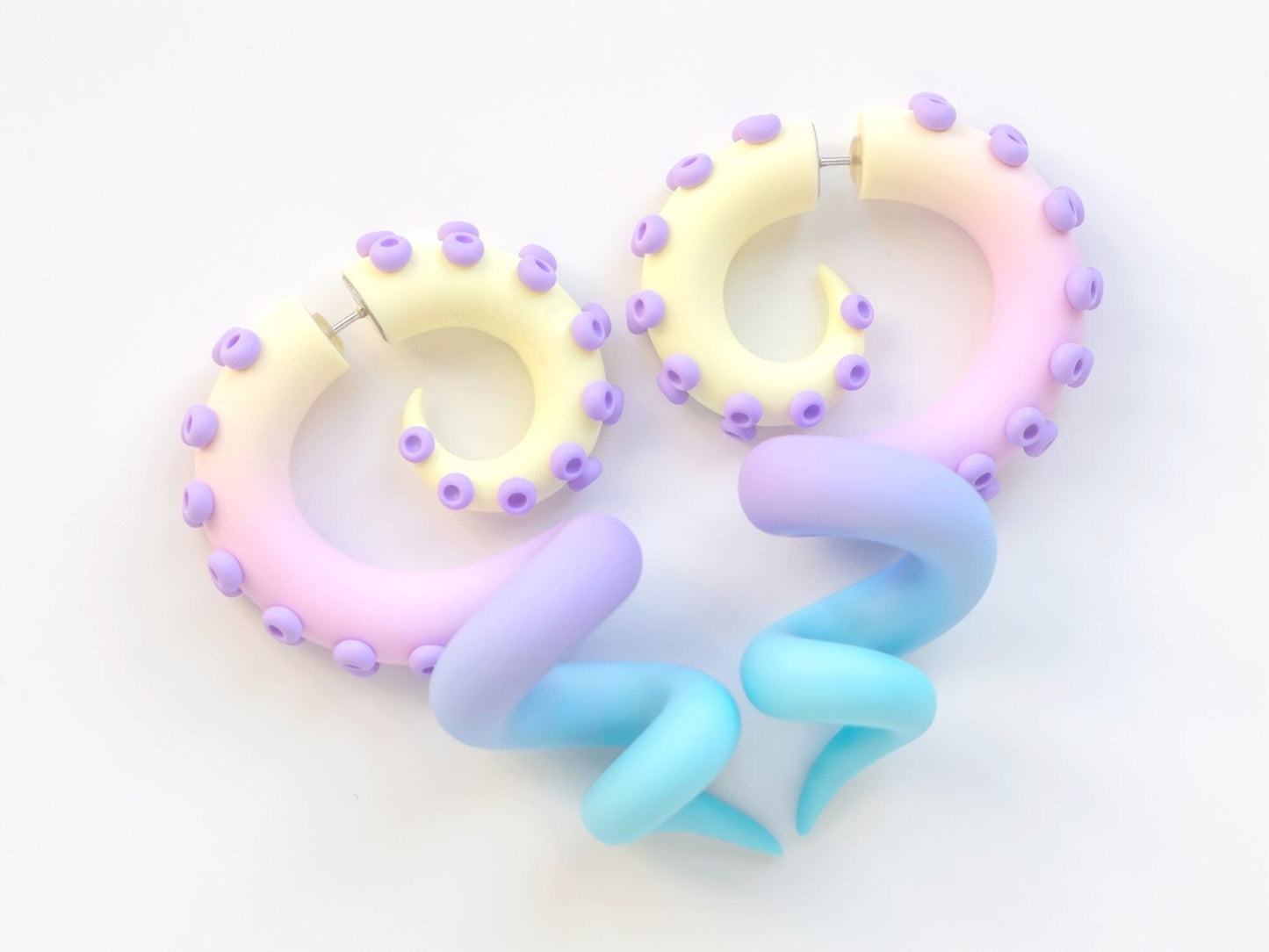 Pastel Kawaii Tentacle Earrings, Cute Octopus Polymer Clay Jewelry, Fairy Kei Fake Gauges