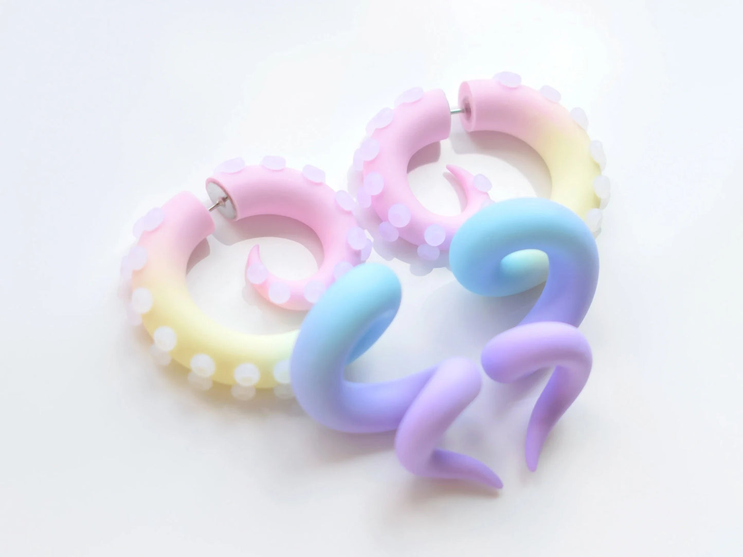 Fairy Kei Tentacle Earrings, Pastel Kawaii Accessories, Rainbow Fake Gauges