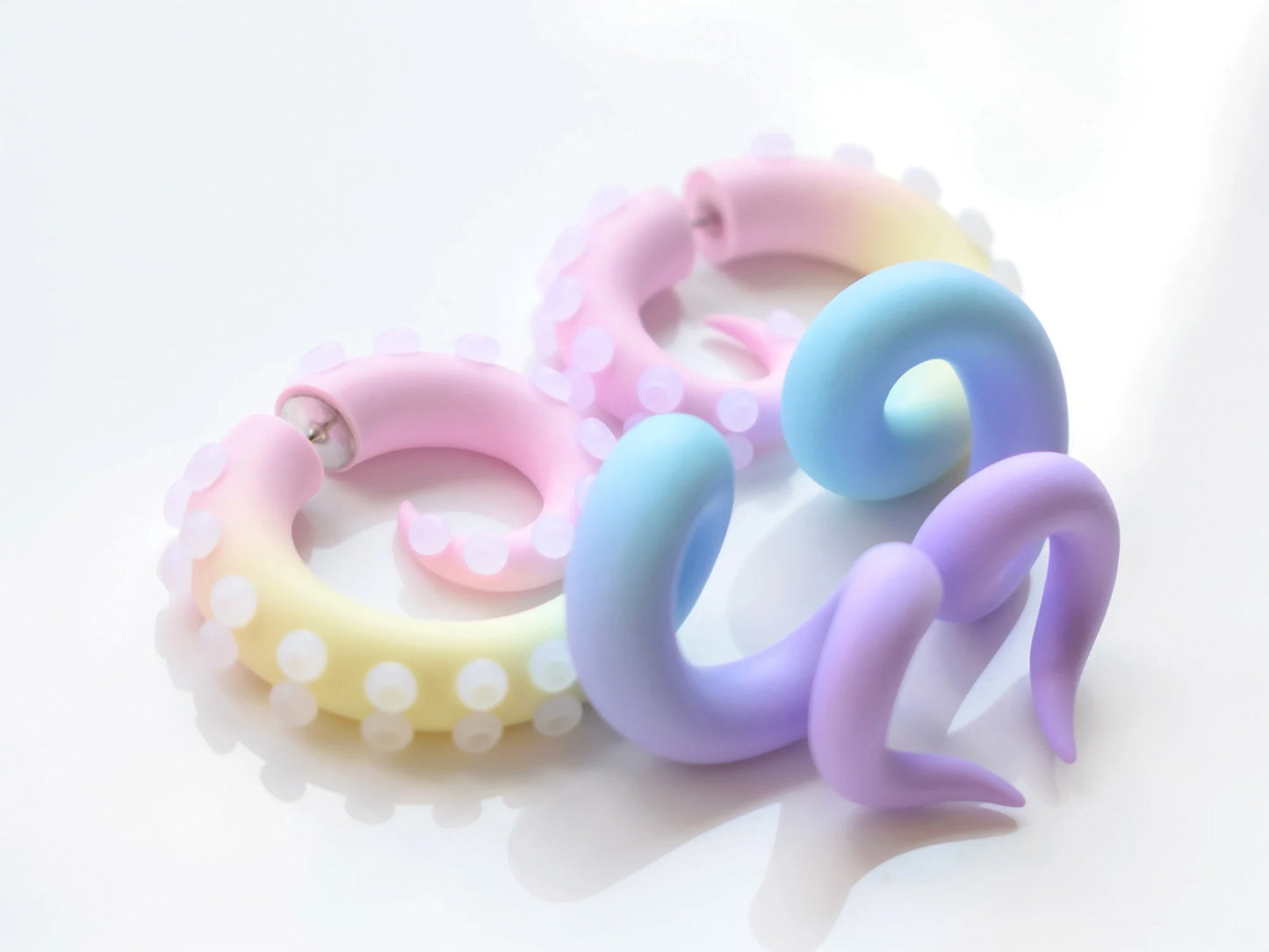 Fairy Kei Tentacle Earrings, Pastel Kawaii Accessories, Rainbow Fake Gauges