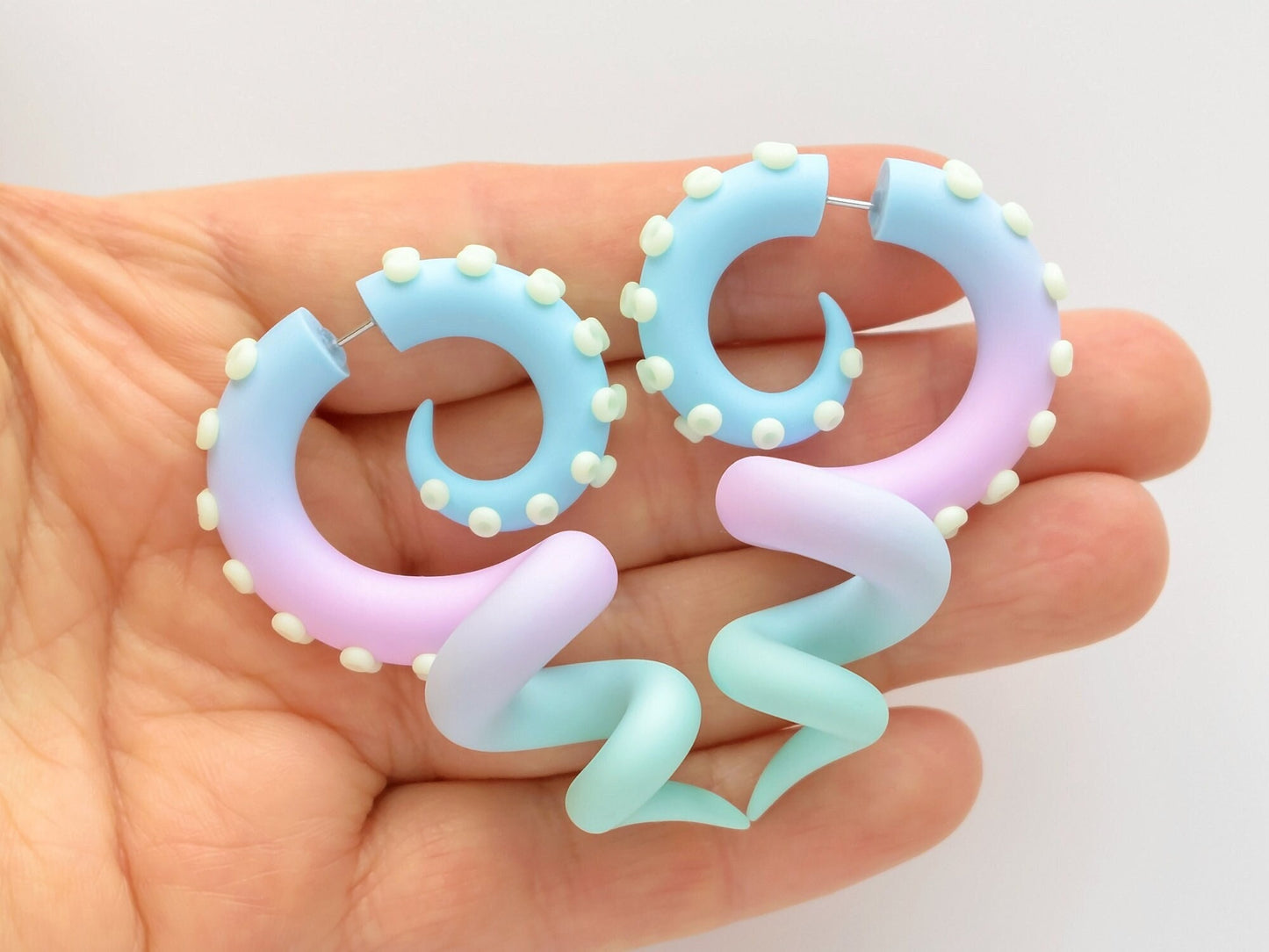 Pastel Kawaii Fake Gauges, Tentacle Earrings with Glow in the Dark suction cups