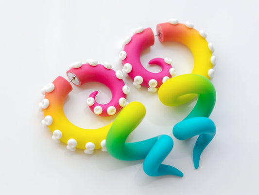 Rainbow Tentacle Earrings, Kawaii Fake Gauges, Colorful Octopus Earrings