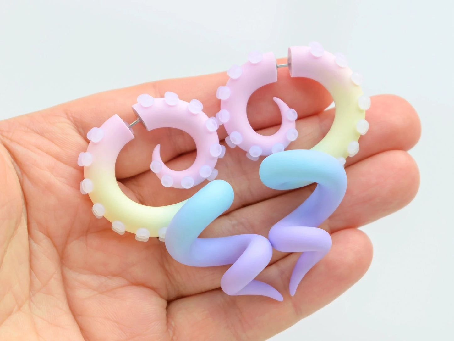 Fairy Kei Tentacle Earrings, Pastel Kawaii Accessories, Rainbow Fake Gauges