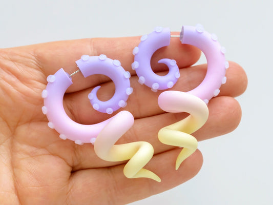 Fairy Kei Handmade Earrings, Pastel Kawaii Octopus Jewelry, Polymer Clay Fake Gauges