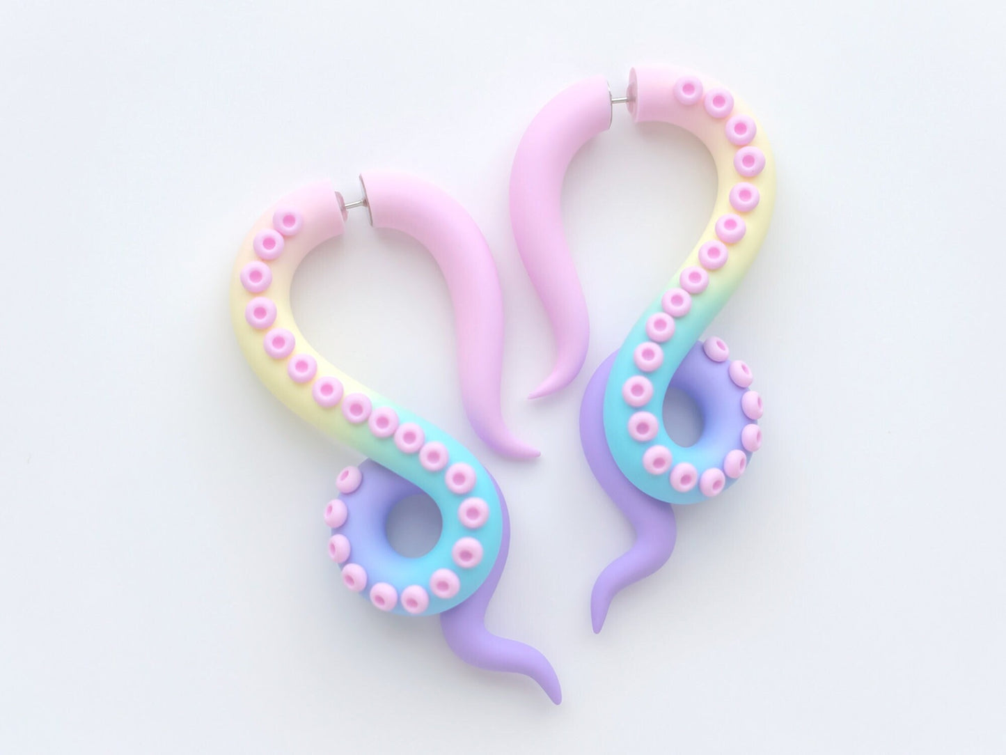 Rainbow Fake Gauge Earrings, Pastel Kawaii Accessories, Octopus Tentacle Jewelry