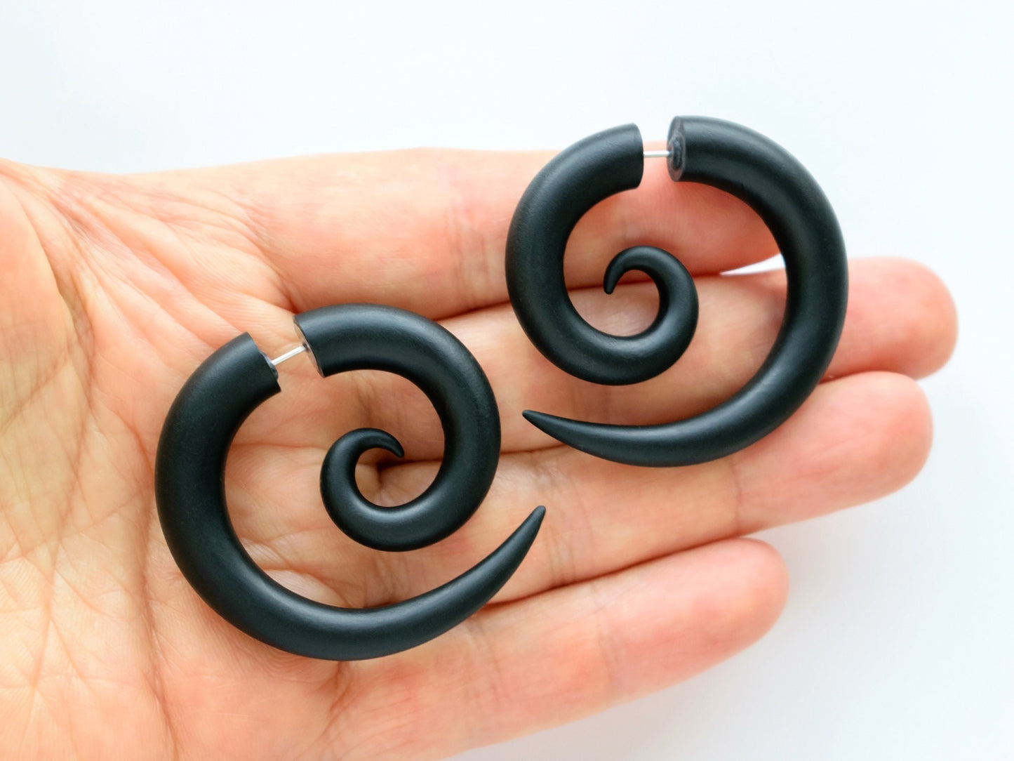 Black Spiral Earrings, Gothic Fake Gauges, Handmade Halloween Earrings