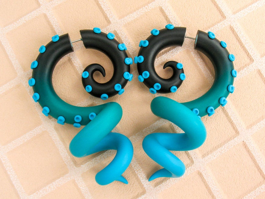 Unique Mermaid Earrings, Pirate Fake Gauges, Handmade Tentacle Earrings