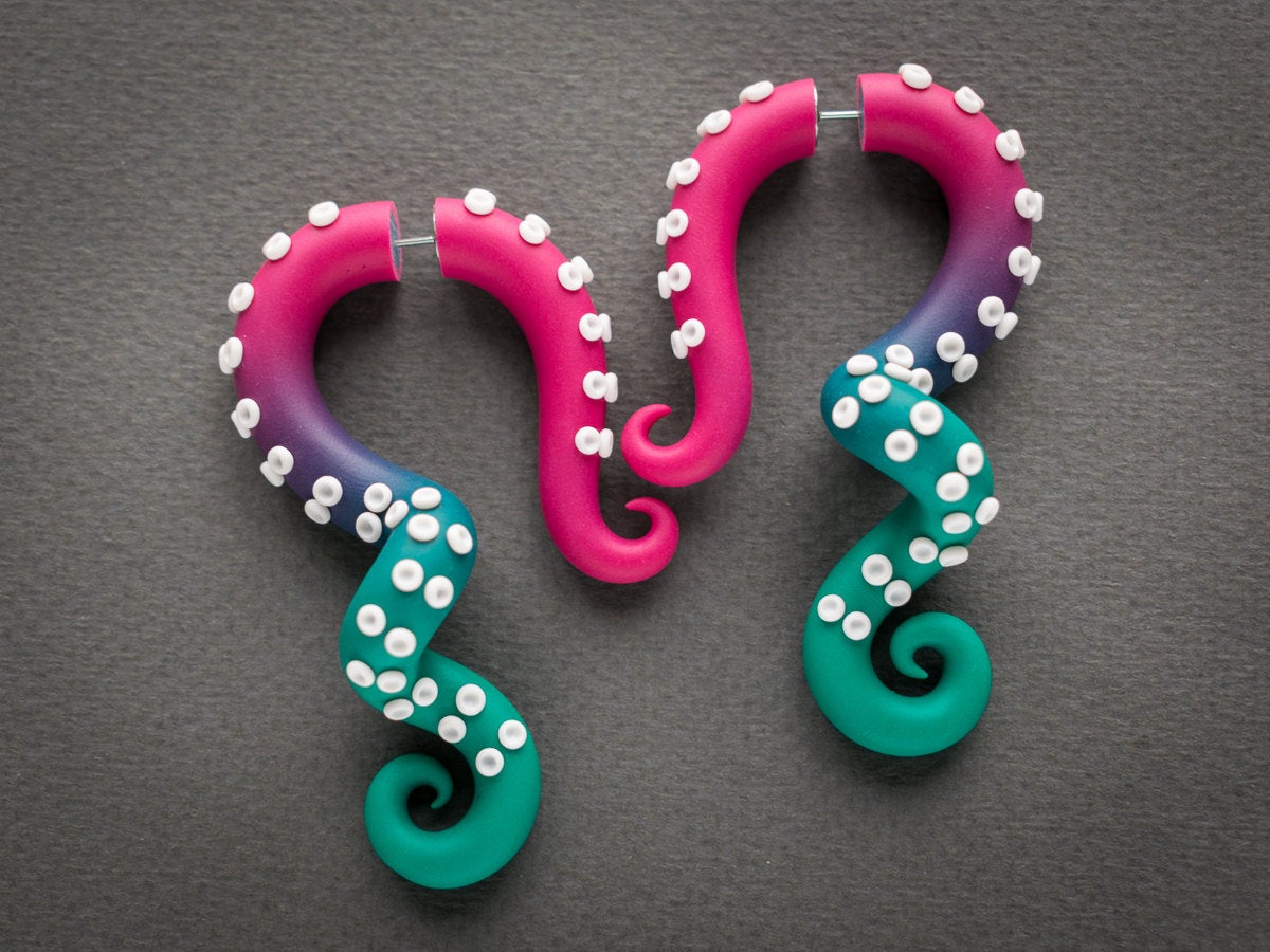 Handcrafted Octopus Earrings, Ombre Fake Gauges, Anime Tentacle Earrings