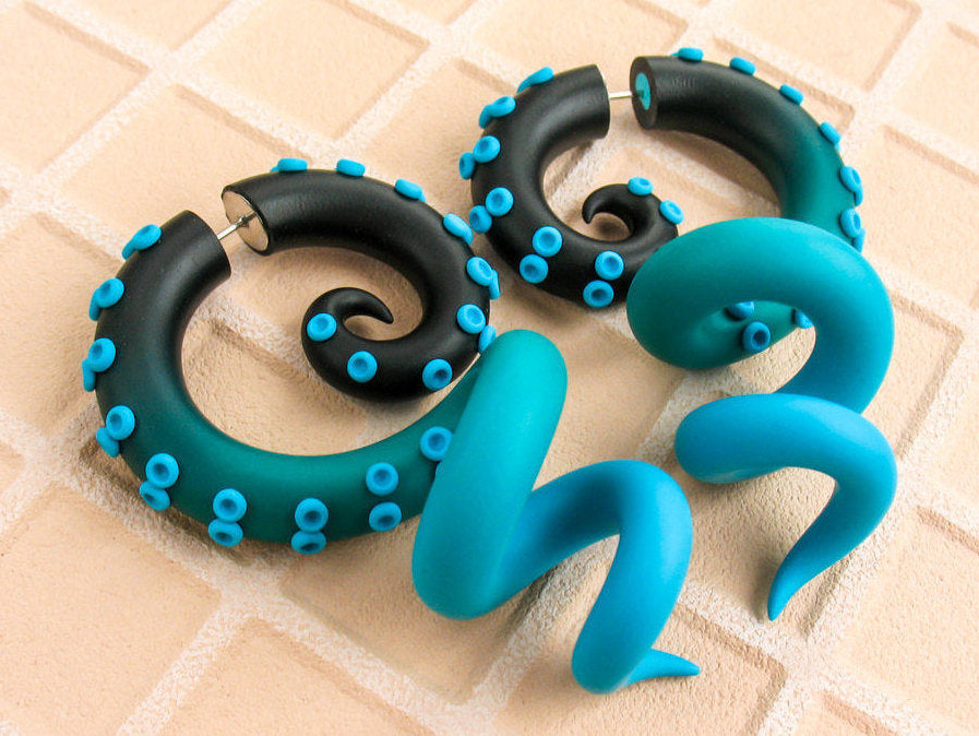 Unique Mermaid Earrings, Pirate Fake Gauges, Handmade Tentacle Earrings