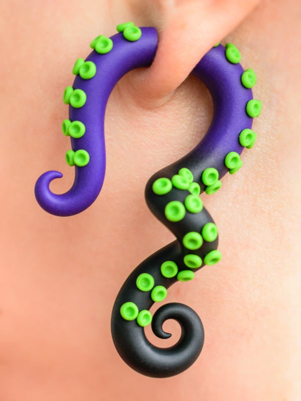 Tentacle Fake Gauges, Halloween Costume Accessories, Handmade Octopus Earrings