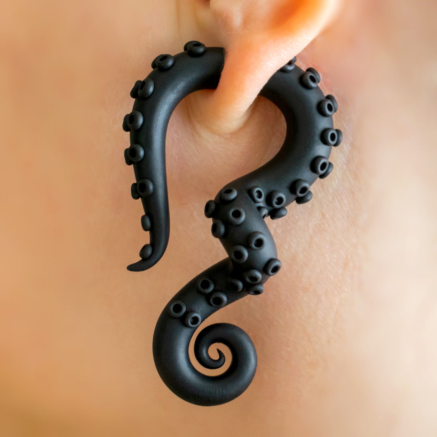 Gothic Tentacle Earrings, Handmade Fake Gauges, Black Octopus Jewelry