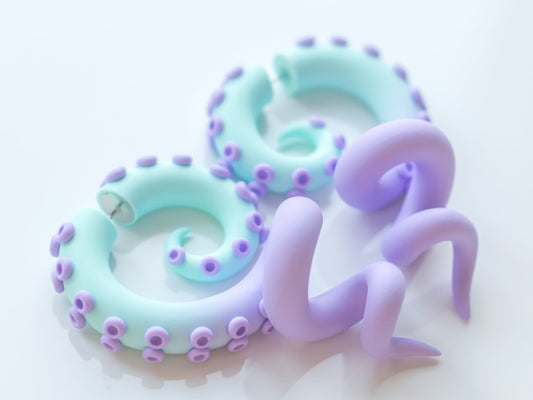 Pastel Goth Jewelry, Octopus Tentacle Earrings, Kawaii Fake Gauges