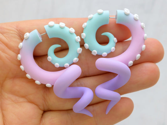 Pastel Kawaii Accessories, Octopus Tentacle Earrings, Anime Fake Gauges