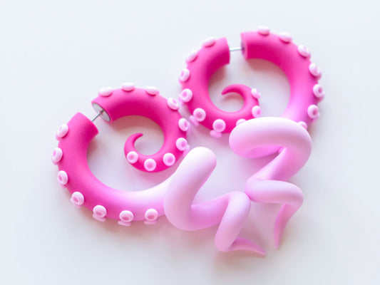 Pink Octopus Earrings, Yami Kawaii Polymer Clay Jewelry, Tentacle Fake Gauges