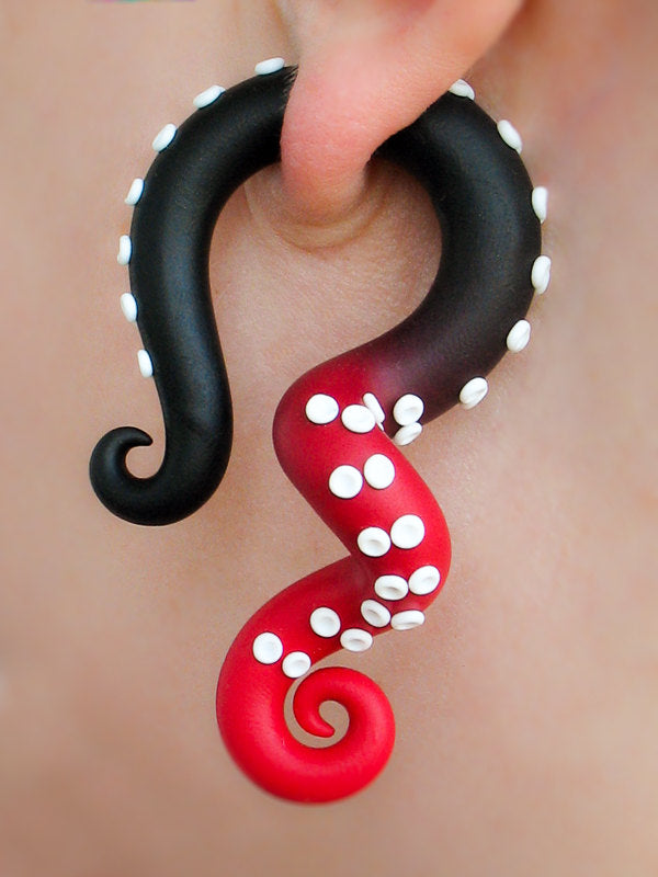 Horror Octopus Earrings, Polymer Clay Gothic Jewelry, Tentacle Fake Gauges